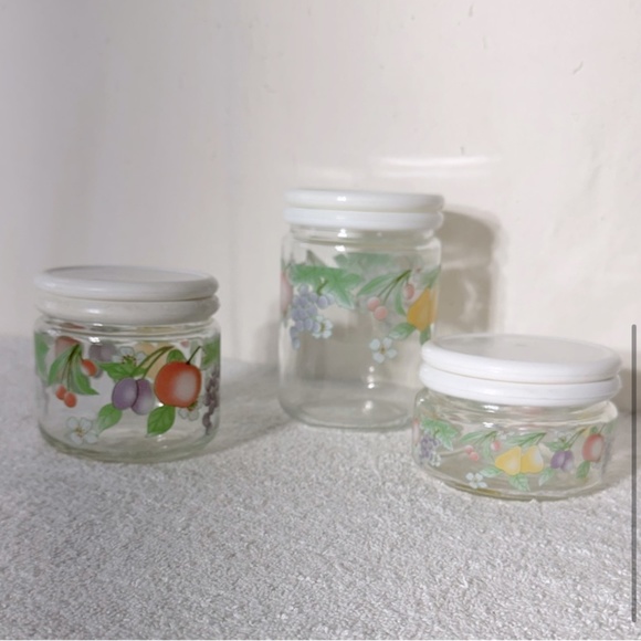 Vintage 80s KIG Indonesia Glass Fruit Flower Canister Set (3) - Picture 4 of 13